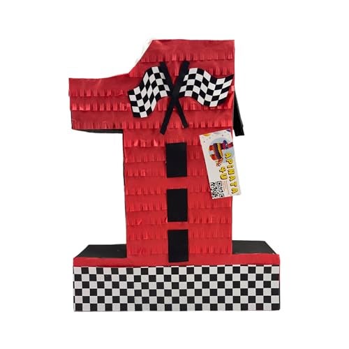 A Pinata 4 U APINATA4U Number One Race Car Pinata Red Checkered Flag for First Birthday Racing Theme Party Supplies Race Track Decor Kids Pinata Boys 1st Birthday Race Car Checkered Flag Design - Image 1