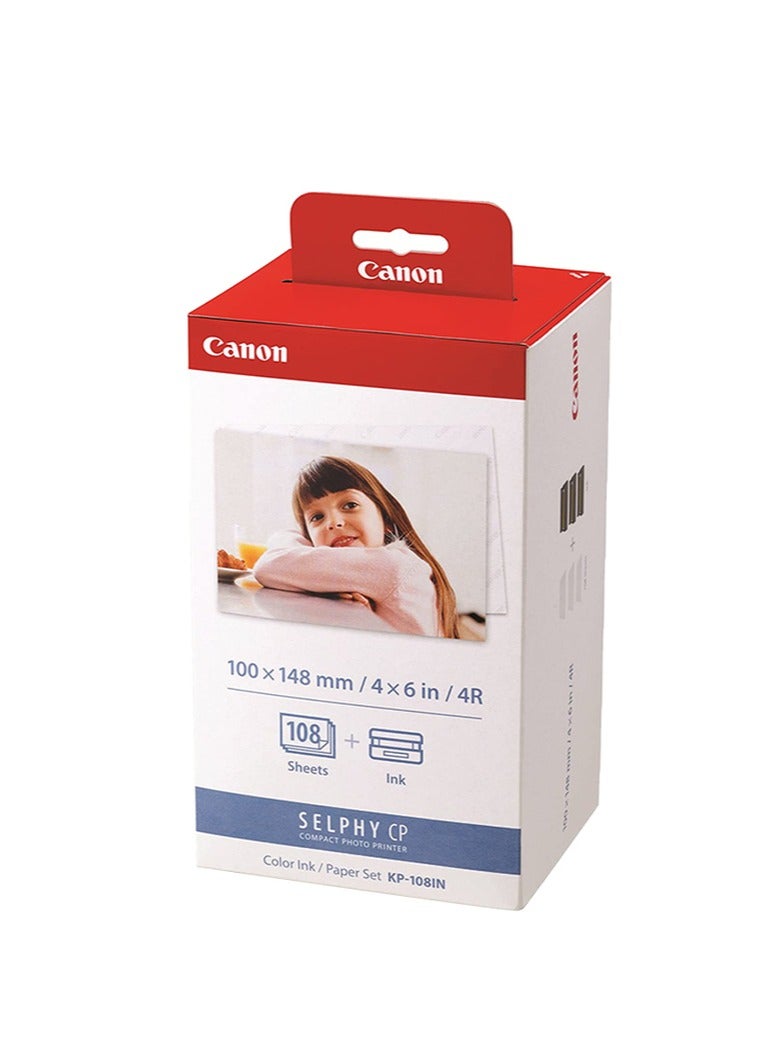 Canon Canon KP-108IN Color Ink Paper Set for Canon Selphy CP910/CP810 Photo Printer, 108 Sheets, White - Image 1