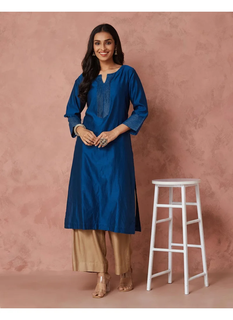 فاب انديا Blue Cotton Silk Embroidered Long Kurta