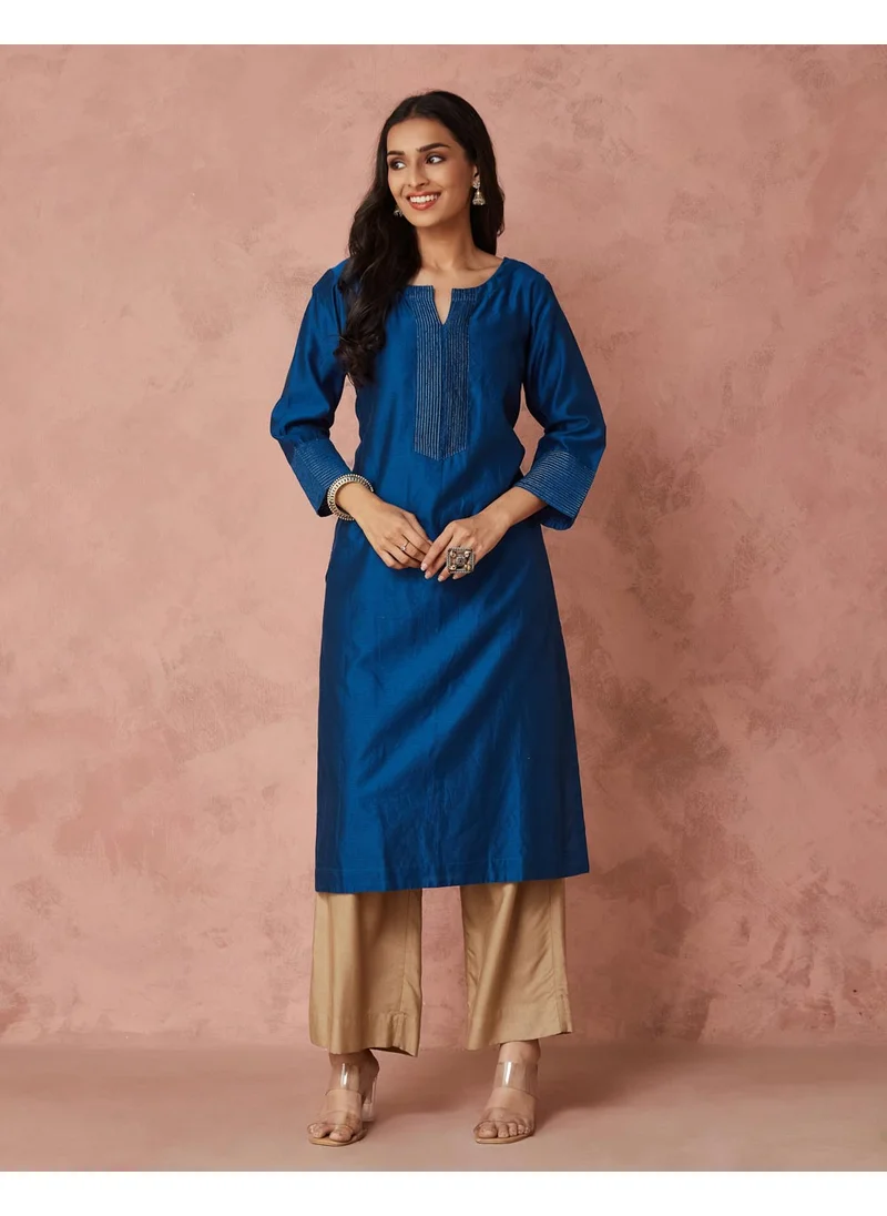 فاب انديا Blue Cotton Silk Embroidered Long Kurta