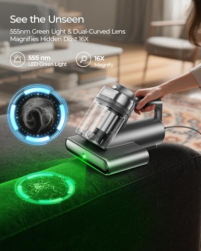 Teant مكنسة فرشة مرتبة Teant Powerful 2Speed 14kPa18kPa مع إضاءة خضراء للكشف عن الغبار 2537nm UVC LED وعرض HEPA 149 Heat Aroma للسرير والأريكة والسجاد - Image 3