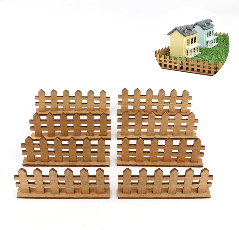 Cutemini Dollhouse Fairy Garden Fence 8PCS Miniature Wood Fences Dollhouse Village Landscape Accessories Wooden Decorative White Picket Landscap Fence (Brown) - Image 1