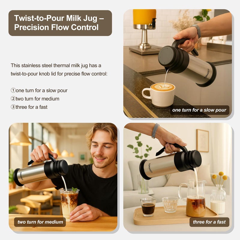  TOMAKEIT Creamer Pitcher for Coffee,0.75L/25 Oz Thermal Coffee Carafe,Stainless Steel Coffee Carafes for Keeping Hot and Cold,Double-Wall Design,12-Hour Hot & Cold,Leak-Proof,Portable for Travel,Camping,Office - Image 5