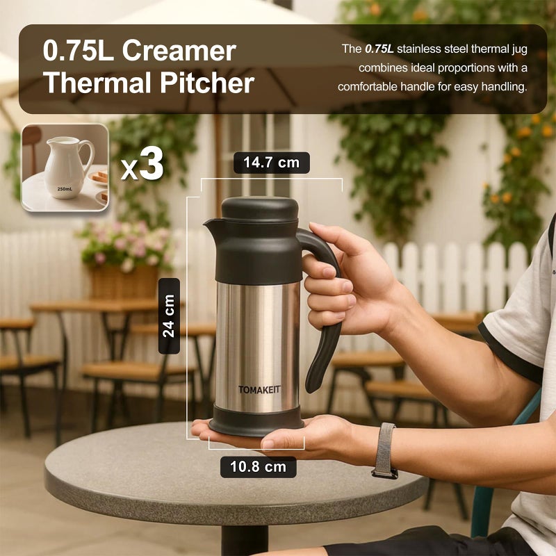  TOMAKEIT Creamer Pitcher for Coffee,0.75L/25 Oz Thermal Coffee Carafe,Stainless Steel Coffee Carafes for Keeping Hot and Cold,Double-Wall Design,12-Hour Hot & Cold,Leak-Proof,Portable for Travel,Camping,Office - Image 2