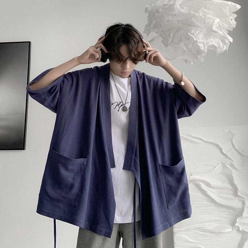 Cotton and linen shirt mens summer thin 3/4 sleeve style robe retro casual loose very fairy shirt jacket S18-navy blue  - Image 3