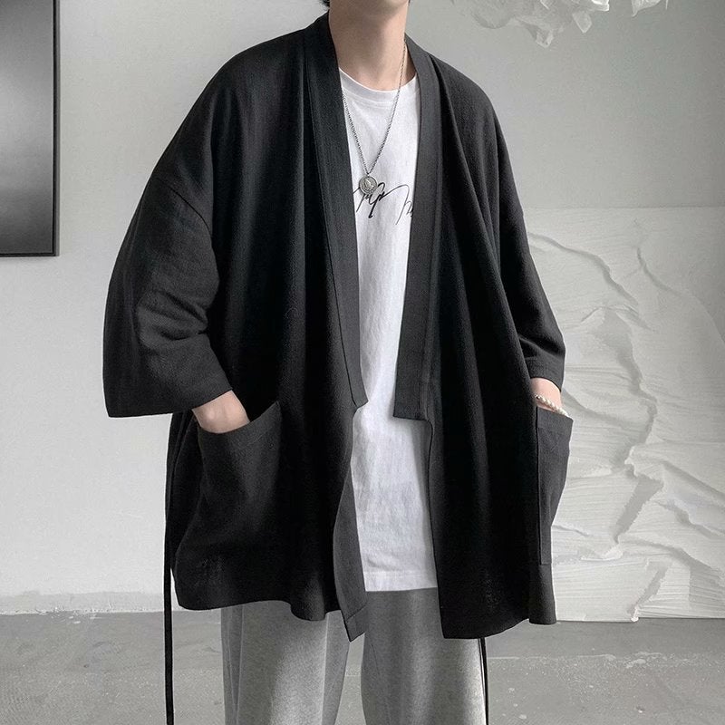 Cotton and linen shirt mens summer thin 3/4 sleeve style robe retro casual loose very fairy shirt jacket S18-navy blue  - Image 4