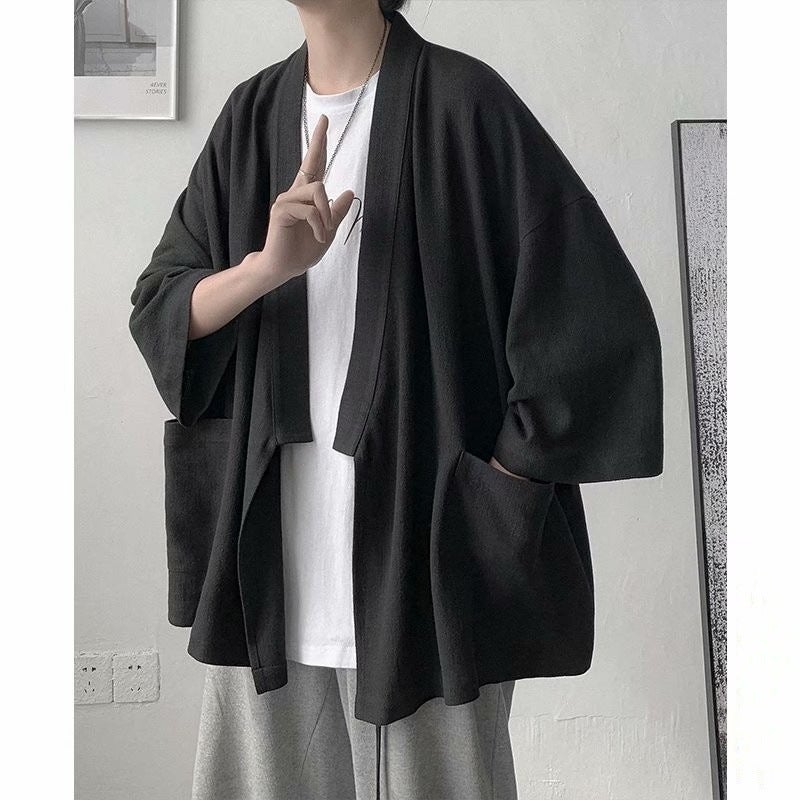 Cotton and linen shirt mens summer thin 3/4 sleeve style robe retro casual loose very fairy shirt jacket S18-navy blue  - Image 2