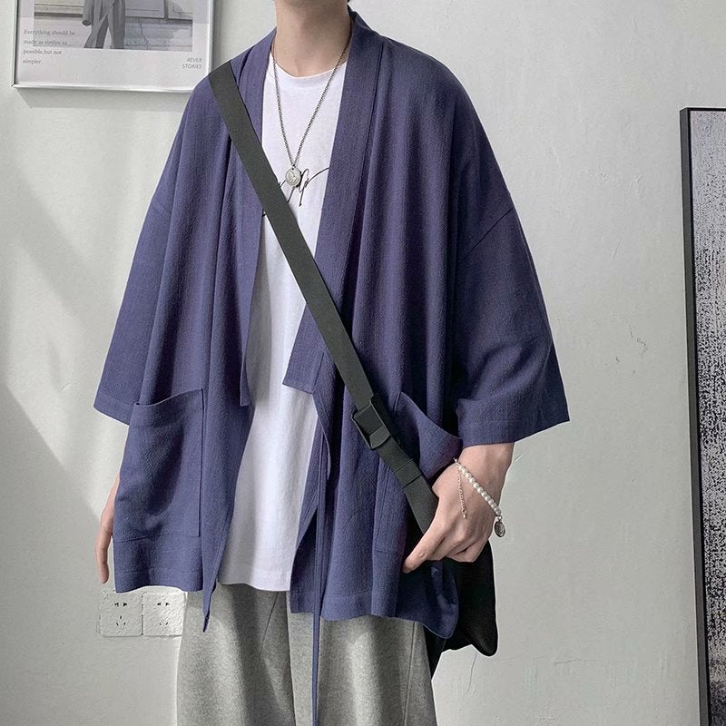 Cotton and linen shirt mens summer thin 3/4 sleeve style robe retro casual loose very fairy shirt jacket S18-navy blue  - Image 1
