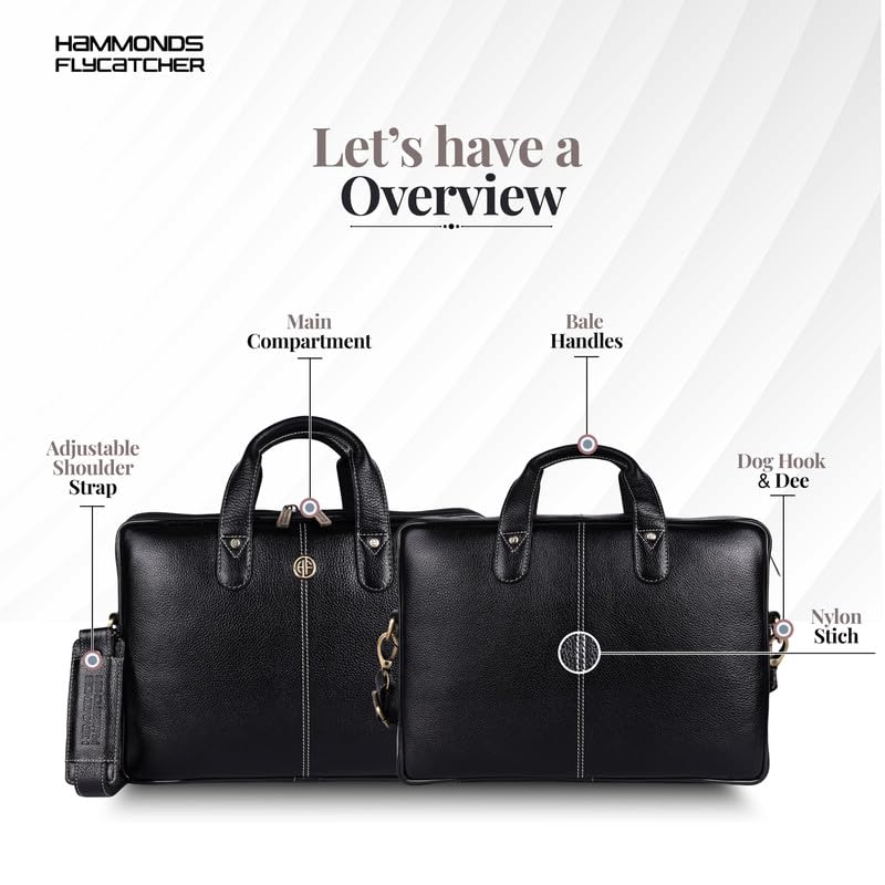 HAMMONDS FLYCATCHER Genuine Leather Office Bag for Men - Laptop Bag for Men - Padded Laptop Compartment, Fits 14 Inch Laptop - Adjustable Strap, 1 Year Warranty - Office, Travel, Daily Use - Black - Image 3