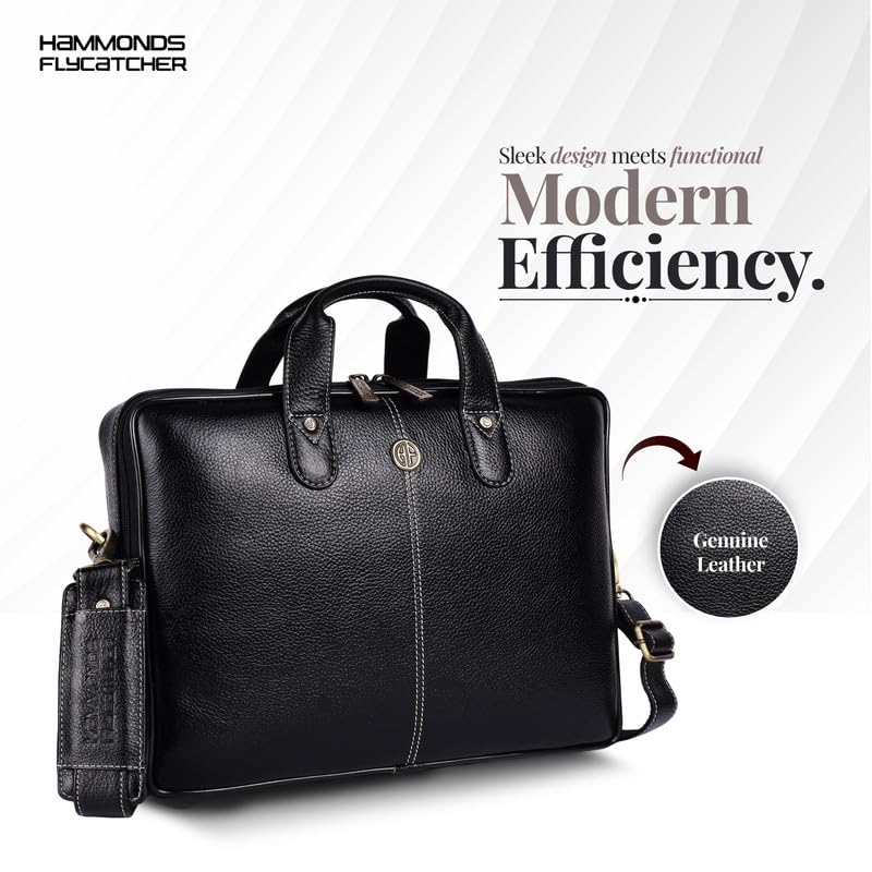 HAMMONDS FLYCATCHER Genuine Leather Office Bag for Men - Laptop Bag for Men - Padded Laptop Compartment, Fits 14 Inch Laptop - Adjustable Strap, 1 Year Warranty - Office, Travel, Daily Use - Black - Image 2