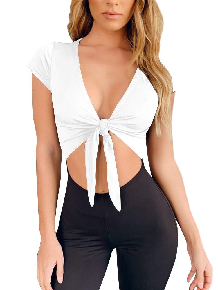 LCNBA Deep v Neck Short Sleeve Crop Top,Bandage Cross Wrap Tie Up Crop Tops White - Image 2