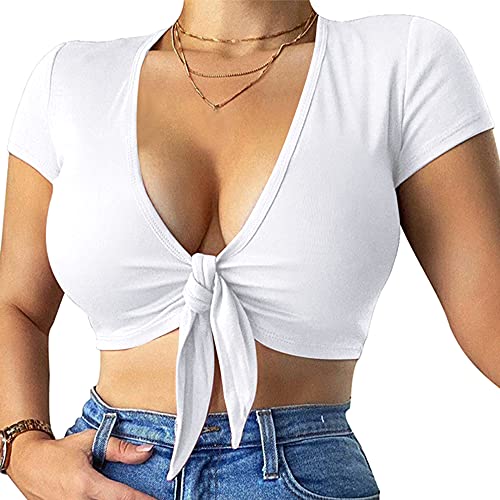 LCNBA Deep v Neck Short Sleeve Crop Top,Bandage Cross Wrap Tie Up Crop Tops White - Image 1