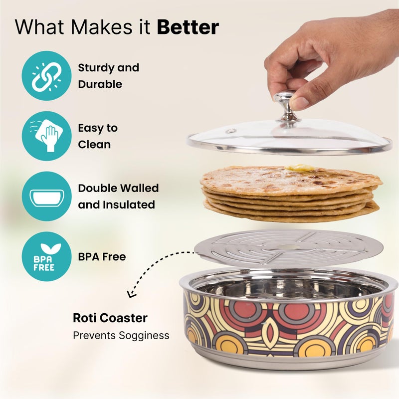 The Better Home Stainless Steel Insulated Casserole For Roti (1.5L) | Hot Boxes For Kitchen | Serving Bowl Set | Kitchen Gift Items | Roti/Chapati Storage Box | House Warming Gifts (Design 3) - Image 3
