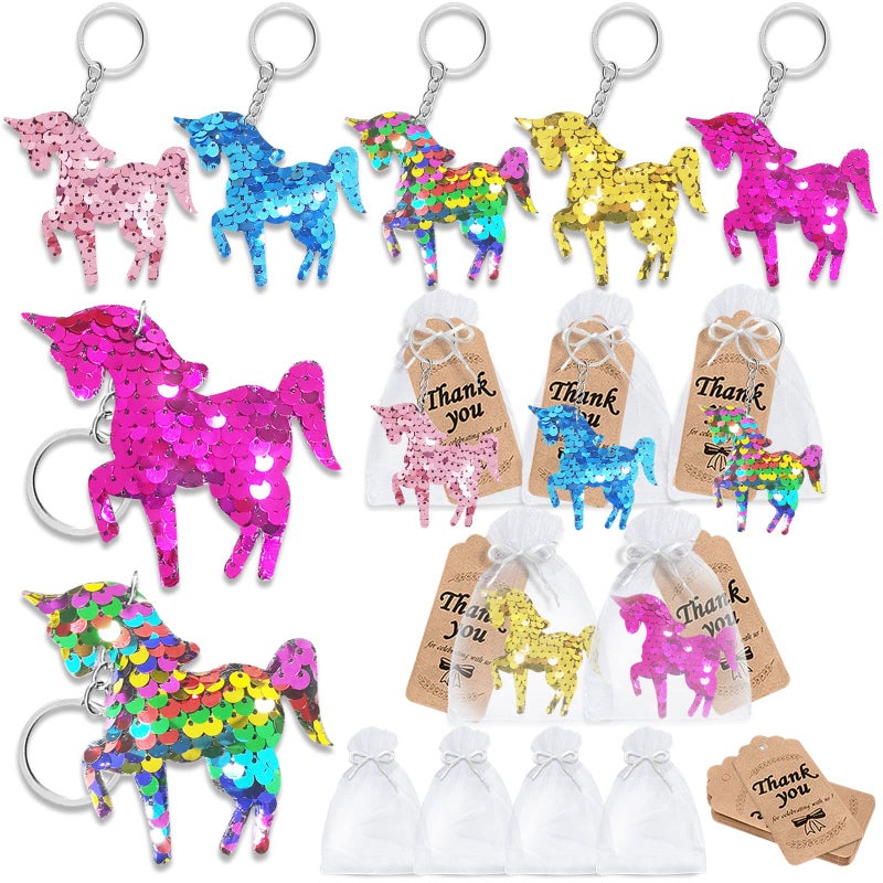 CiciBear 60 Pack DoubleDeck Unicorn Sequin Keychain Set with 20 Unicorn Keychains 20 Thank You Tags and 20 Gift Bags for Forest Animal Party Favor Kids and Adult Birthday Baby Shower 5 Colors - Image 2