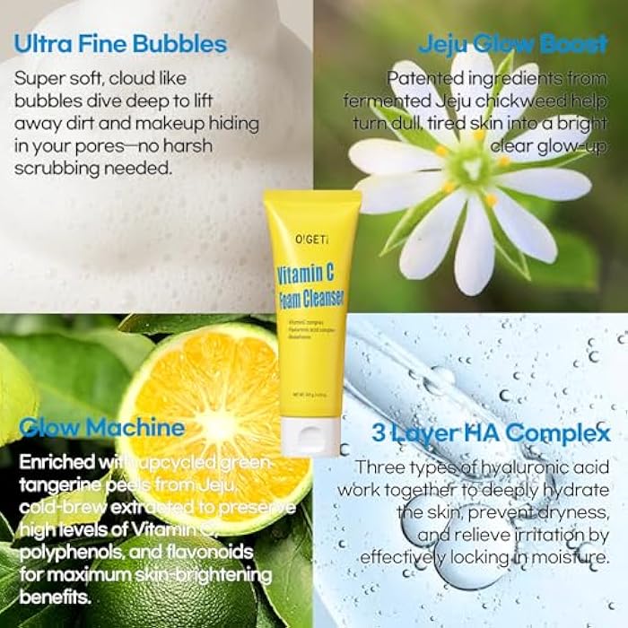 O!GETi Vitamin C Foam Cleanser, Brightening Face Wash with Triple Vitamin C, Upcycled Green Tangerine, Ultra-Fine Micro Bubbles, 4.2oz - Image 5