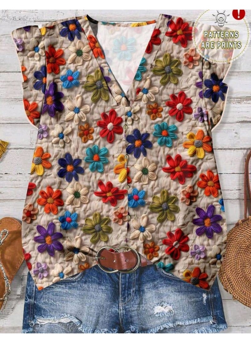 شي إن بلوزة نسائية كاجوال من SHEIN LUNE بطبعة زهور هندسية - Image 1