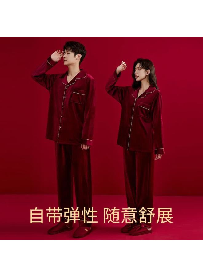 Langsha Red Coral Fleece Thickened Long Sleeve Long Pants Pajama Set For Couples Autumn Winter