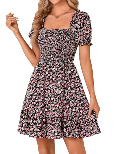 Rooscier Women's Summer Boho Floral Print Square Neck Smocked Ruffle Swing Beach Mini Dress Black Small - Image 3