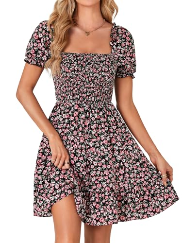 Rooscier Women's Summer Boho Floral Print Square Neck Smocked Ruffle Swing Beach Mini Dress Black Small - Image 1