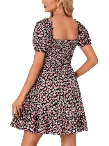 Rooscier Women's Summer Boho Floral Print Square Neck Smocked Ruffle Swing Beach Mini Dress Black Small - Image 5