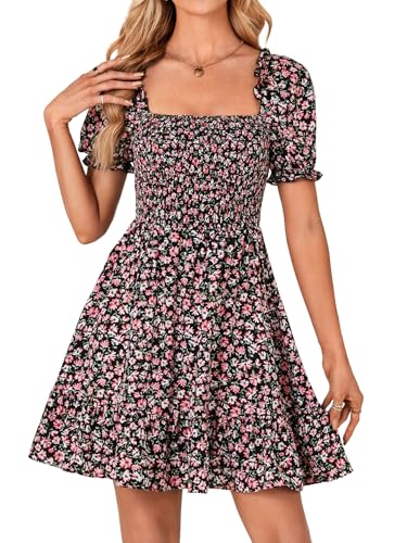 Rooscier Women's Summer Boho Floral Print Square Neck Smocked Ruffle Swing Beach Mini Dress Black Small - Image 2