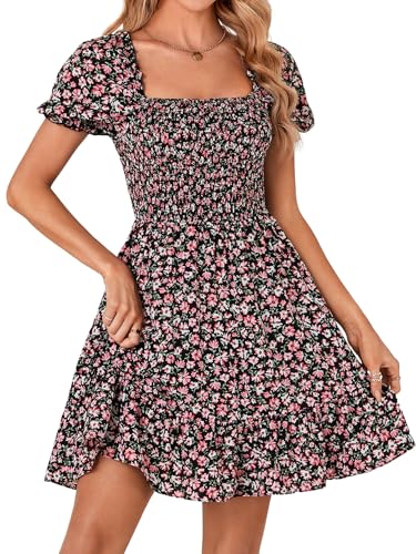 Rooscier Women's Summer Boho Floral Print Square Neck Smocked Ruffle Swing Beach Mini Dress Black Small - Image 4