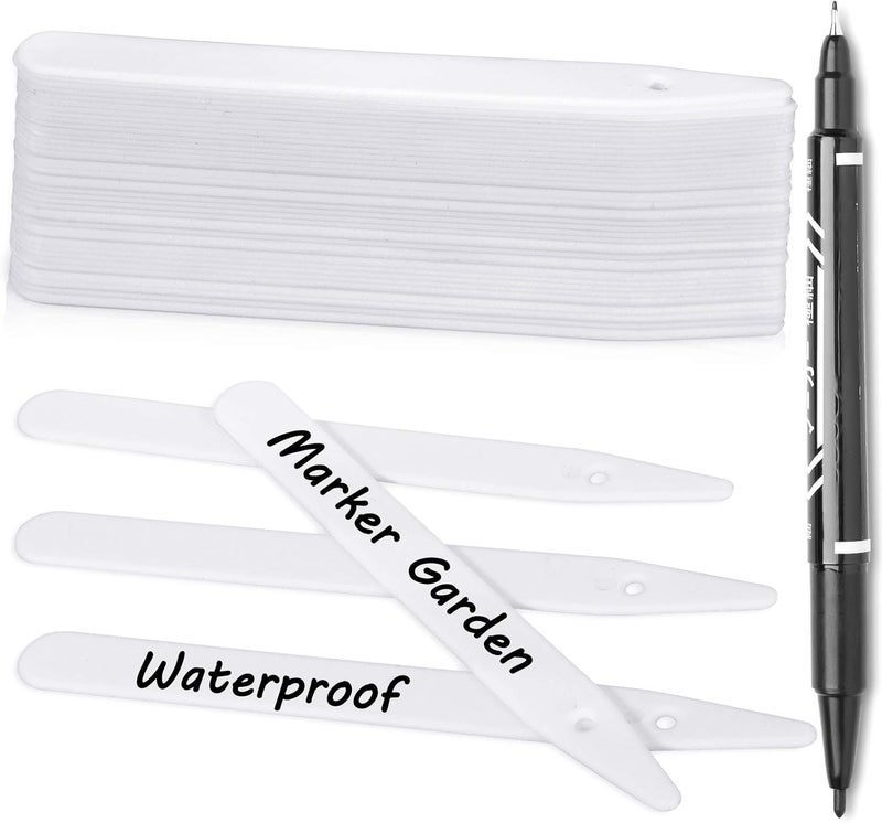 Whaline 200Pcs Thick Plastic Plant Labels with Hole White Garden Stakes Waterproof Garden Tag Signs for Greenhouse Seedlings Flowers Spotted Plants with 2 Marker Pen and A Roll of Twine (10 CM) - Image 1