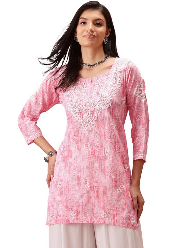 Ada Hand Embroidered Lucknowi Straight Chikankari Cotton Short Regular Fit Kurti Tunic Top For Women A911414 Pink (Medium) - Image 1