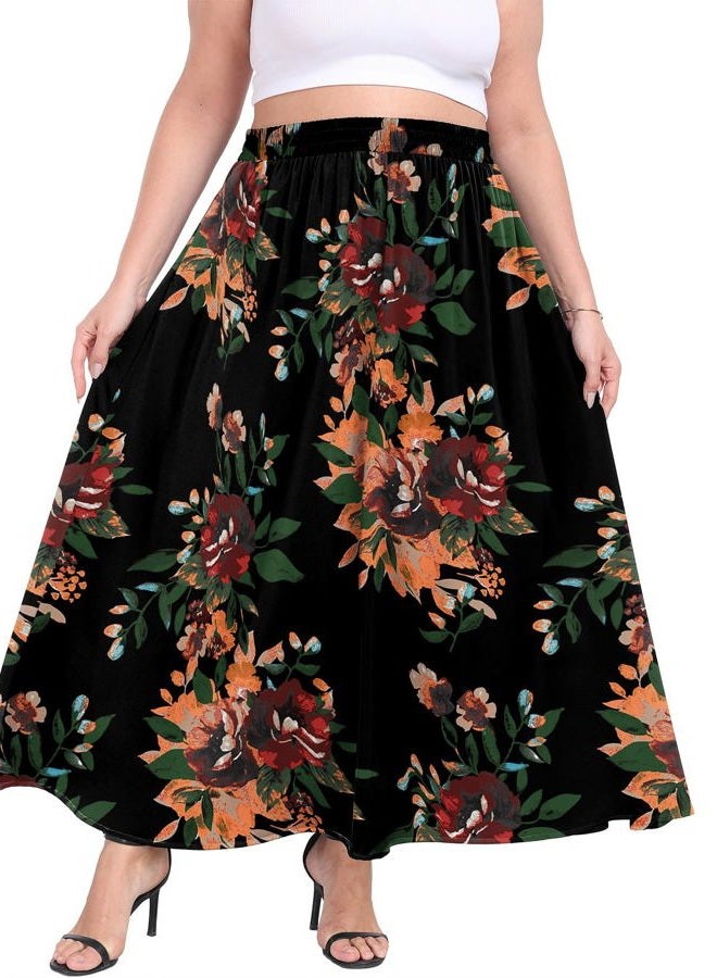 Lastshe Plus Size Maxi Skirts for Women Casual Elastic High Waisted Hide Drawstring Flowy A-line Long Skirt with Pockets,Brown Floral Black,4X - Image 3