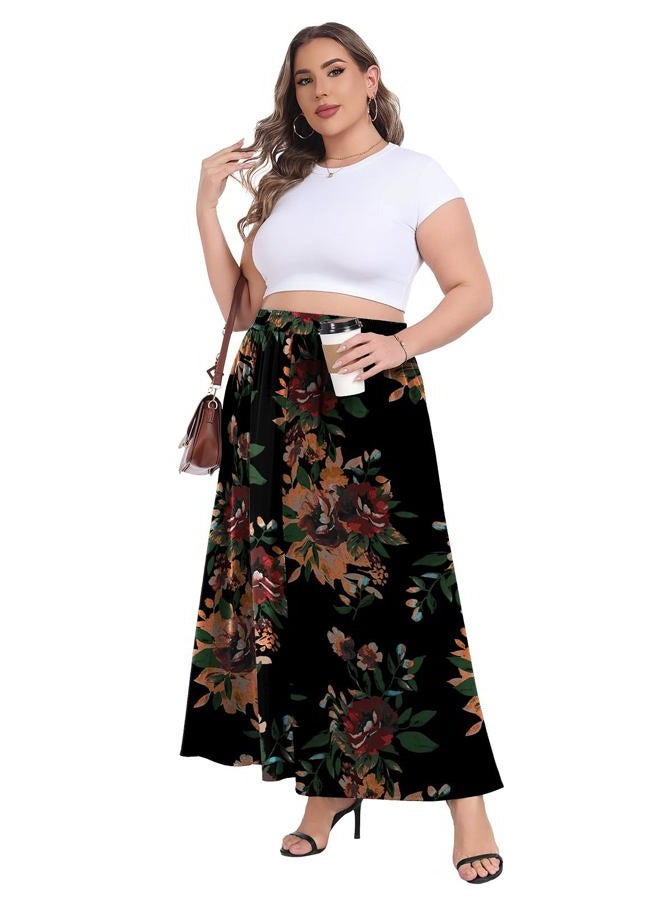 Lastshe Plus Size Maxi Skirts for Women Casual Elastic High Waisted Hide Drawstring Flowy A-line Long Skirt with Pockets,Brown Floral Black,4X - Image 5