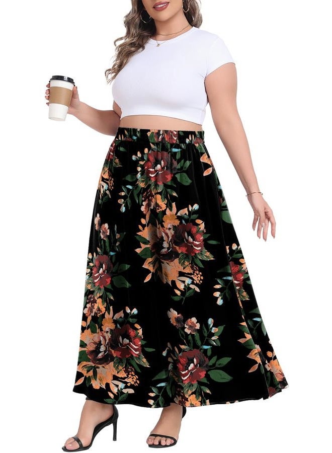 Lastshe Plus Size Maxi Skirts for Women Casual Elastic High Waisted Hide Drawstring Flowy A-line Long Skirt with Pockets,Brown Floral Black,4X - Image 1
