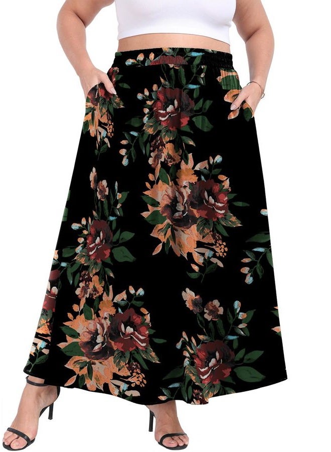 Lastshe Plus Size Maxi Skirts for Women Casual Elastic High Waisted Hide Drawstring Flowy A-line Long Skirt with Pockets,Brown Floral Black,4X - Image 2