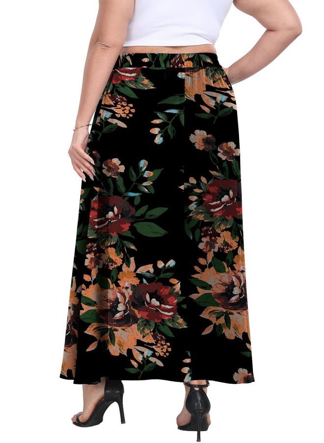 Lastshe Plus Size Maxi Skirts for Women Casual Elastic High Waisted Hide Drawstring Flowy A-line Long Skirt with Pockets,Brown Floral Black,4X - Image 4