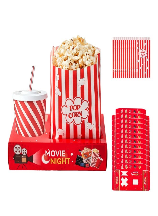 RAYMEA 24Pcs Movie Night Supplies Disposable Paper Movie Snack Trays (12ct) and Retro Style Large Capacity Popcorn Bags(12ct), Drink & Candy Snack Boxes for Cinema Family Birthday Parties - Image 1