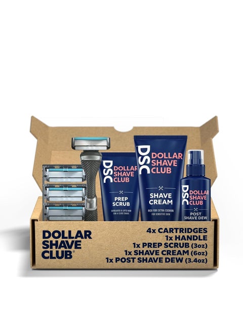 Dollar Shave Club | Ultimate Shave Set | 4 Swift Rinse Refill Cartridges, 1 Handle, 1 Prep Scrub 3 ounce, 1 Shave Cream 6 ounce, 1 Post Shave Dew 3.4 ounce