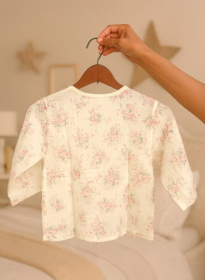 ليتل سربرايز بوكس Little Surprise Box, Pink Florals ,Organic Crushed soft Muslin Cotton Kids Nightsuit-5-6Y