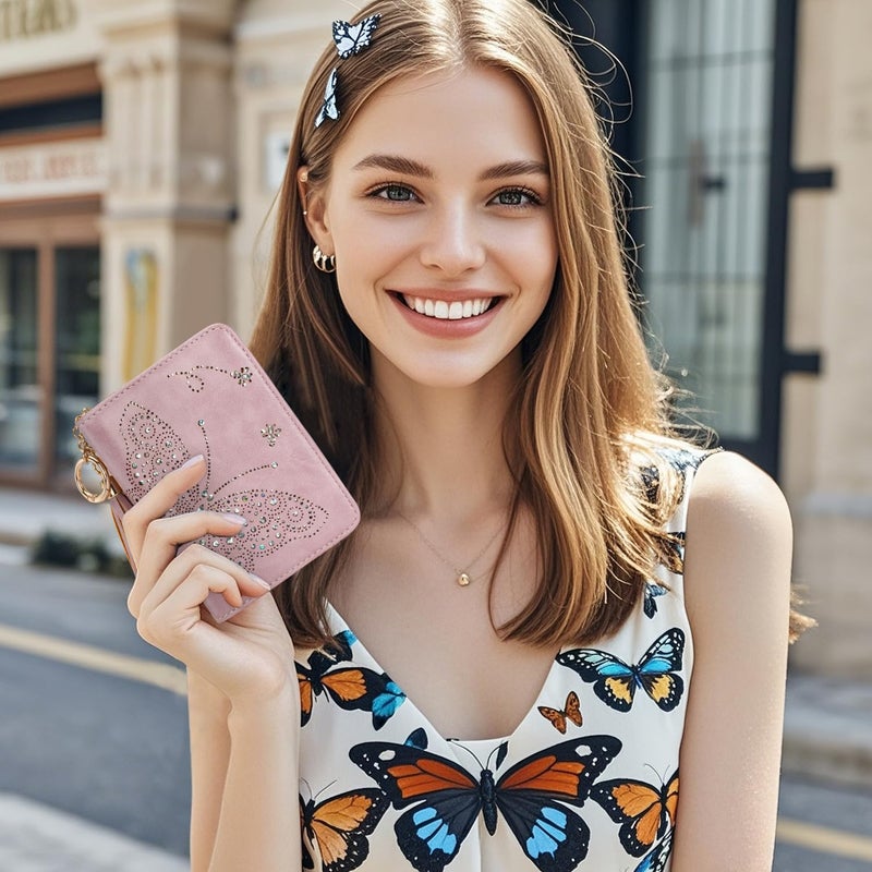 KITEVIUN Women RFID Blocking Small Bifold Wallet, Compact Cash Clutch with Zipper Coin Pocket, Glittery Butterfly Design, Credit Card Holder, Travel Purse with Tassel PURPLE - Image 4