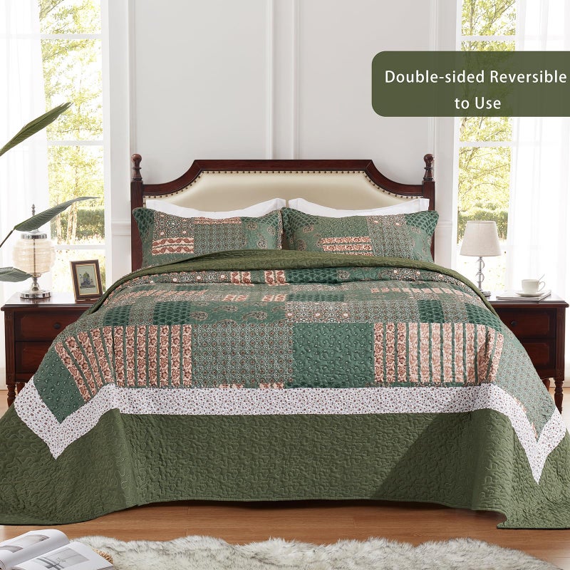 LEAONME 3 Pieces California King Size Quilt Set Olive Green Oversized 120x120 Inch Bedspread Coverlet Lightweight Microfiber Paisley Bed Cover for All Seasons (1 Quilt, 2 Pillow Shams) - Image 2