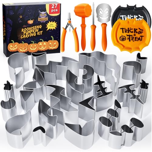 Roohiseng Pumpkin Carving Kit Tools for Kids Halloween Cookie Cutters Set Stainless Steel Safe Pumpkin Carving Stencils DIY Halloween Decoration Jack O Lanterns 27