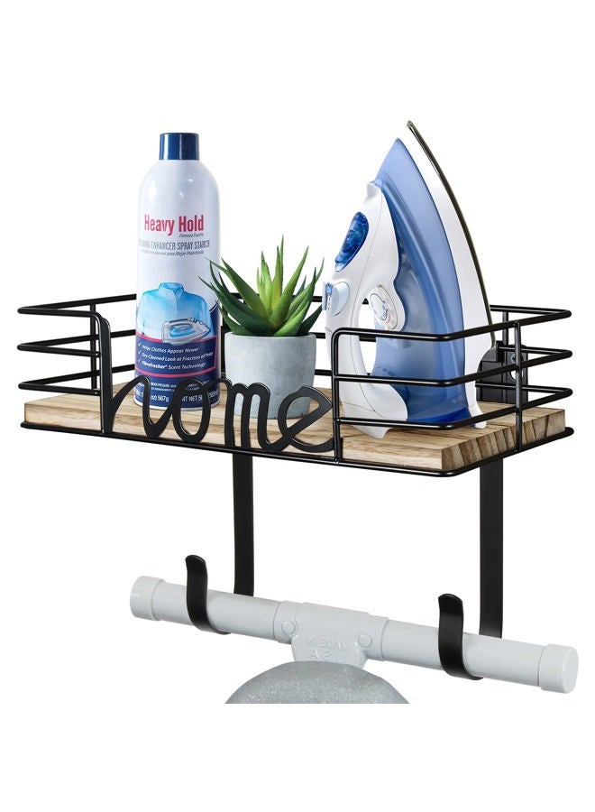 TJMOREE Ironing Board Hanger Wall Mount - Laundry Room Iron and Ironing Board Holder with Large Storage Wooden Base Basket and Removable Hooks (Black) - Image 1