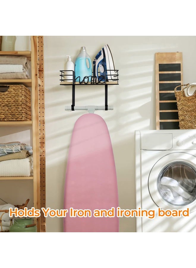 TJMOREE Ironing Board Hanger Wall Mount - Laundry Room Iron and Ironing Board Holder with Large Storage Wooden Base Basket and Removable Hooks (Black) - Image 2