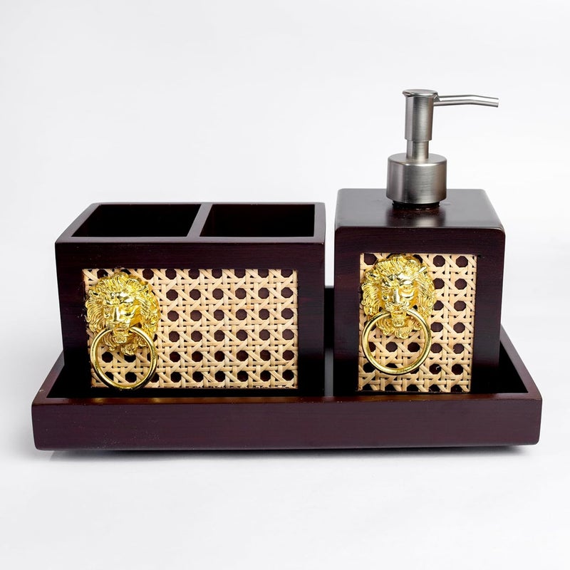 PRET HOMES PRET HOMES Designer Rattan Jute Wooden Bathroom Accessories Set of 3 Liquid Soap Dispenser Toothbrush Holder Set with Tray Gift Accessory for Home Brown  - Image 2