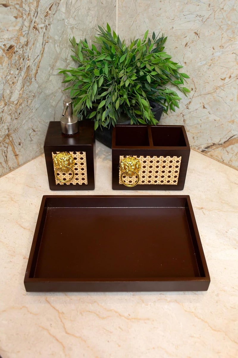 PRET HOMES PRET HOMES Designer Rattan Jute Wooden Bathroom Accessories Set of 3 Liquid Soap Dispenser Toothbrush Holder Set with Tray Gift Accessory for Home Brown  - Image 1