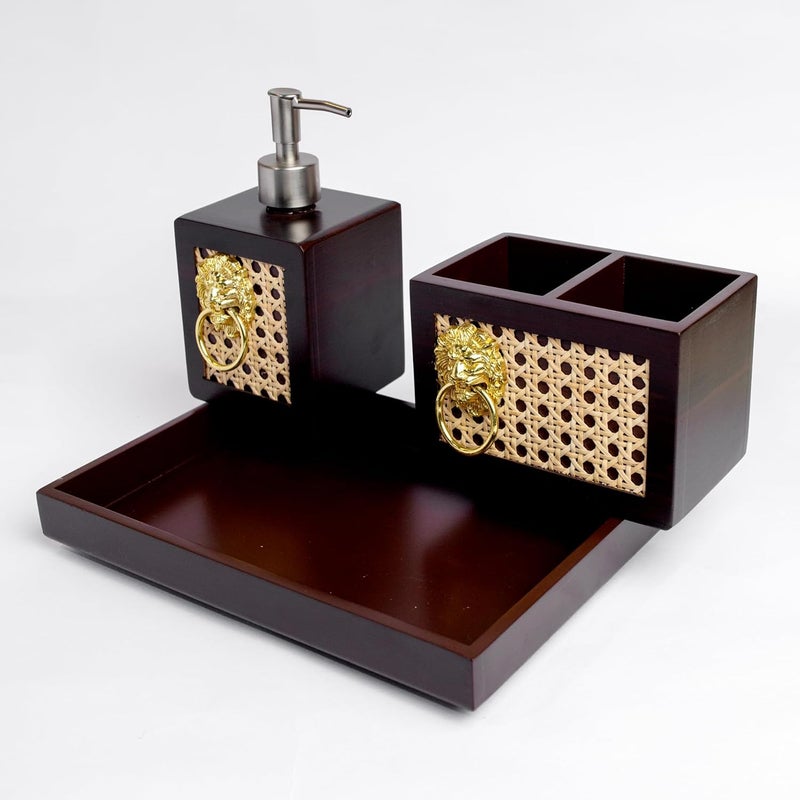 PRET HOMES PRET HOMES Designer Rattan Jute Wooden Bathroom Accessories Set of 3 Liquid Soap Dispenser Toothbrush Holder Set with Tray Gift Accessory for Home Brown  - Image 3