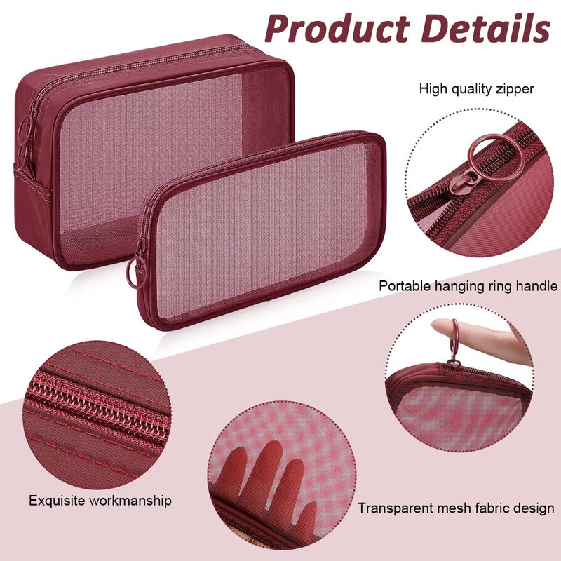 M'AYCREATE MAYCREATE® 4Pcs Zipper Pouches Combo 4 Sizes Mesh Zipper Pouches Makeup Stylish Burgundy Red Cosmetic Bags Cash Bags Nylon Mesh Accessories Organizer - Image 3