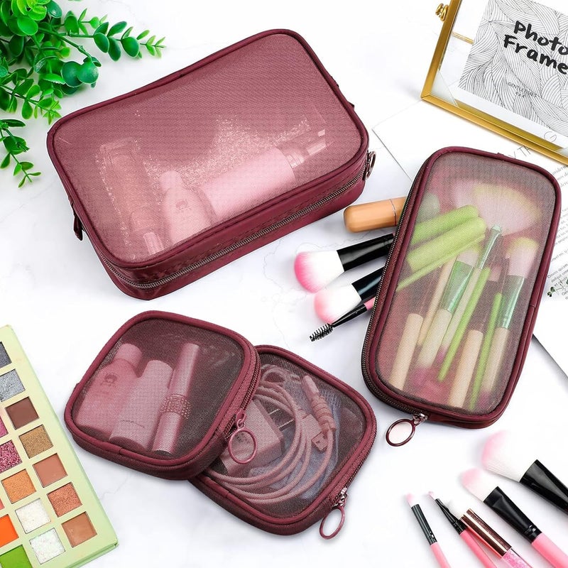 M'AYCREATE MAYCREATE® 4Pcs Zipper Pouches Combo 4 Sizes Mesh Zipper Pouches Makeup Stylish Burgundy Red Cosmetic Bags Cash Bags Nylon Mesh Accessories Organizer - Image 5