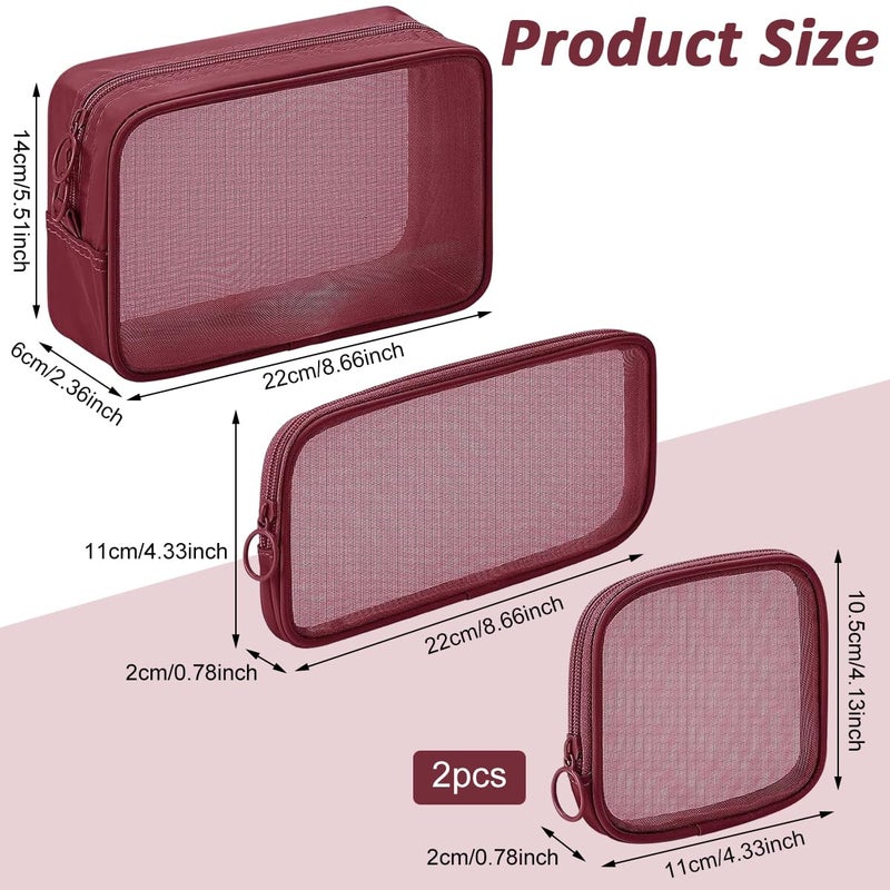 M'AYCREATE MAYCREATE® 4Pcs Zipper Pouches Combo 4 Sizes Mesh Zipper Pouches Makeup Stylish Burgundy Red Cosmetic Bags Cash Bags Nylon Mesh Accessories Organizer - Image 2