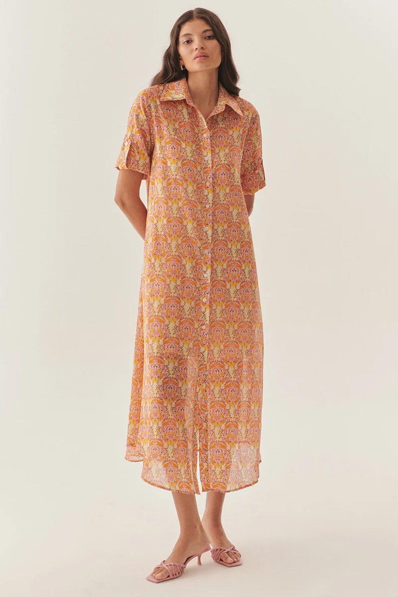 EXQUISE Midi Length Floral Print Shirt Dress