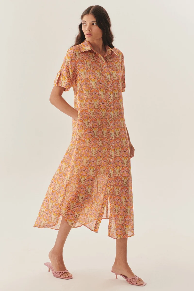 EXQUISE Midi Length Floral Print Shirt Dress