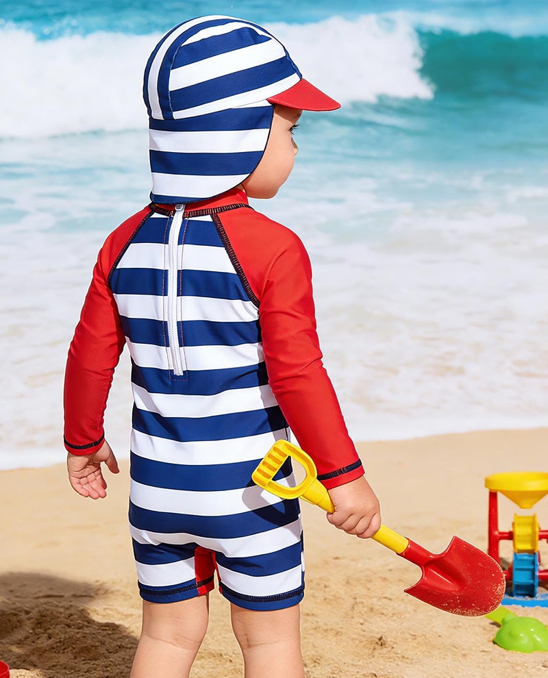 uideazone Rash Guard Swimsuits for Baby Boy Stripe Print Long Sleeve Bathing Suits One Piece Swimwear UPF 50+ 6-12 Months - Image 5